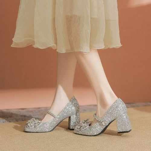 2025 New Champagne Rhinestone Bow Mary Jane Heels Fairy Style Ankle Strap Chunky Heel Pumps